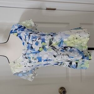 Laura Ashley Size M White with Blue & Green Airbrush on Mesh Overlay Tunic, EUC